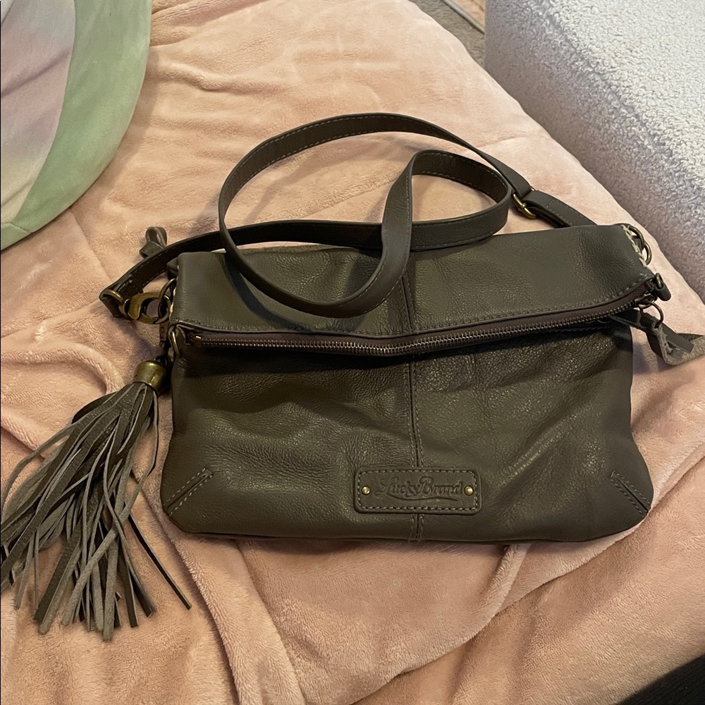 Lucky Brand grey Leather Crossbody Foldover Tassel Festival Bag